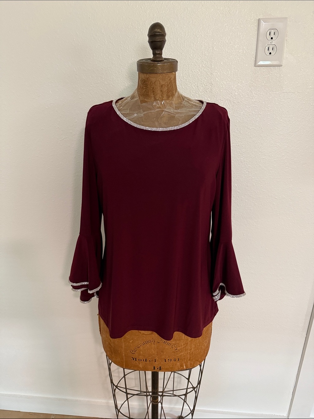 MSK Burgundy Long Sleeve Top with Rhinestone Trim Size L